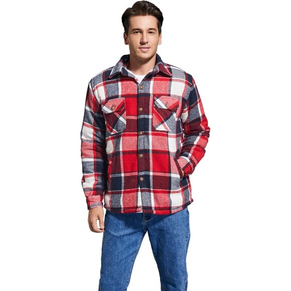 Men's Red Cotton Sherpa Lined Button Down Flannel Shirt Jacket Plaid Soft . - Picture 5 of 7